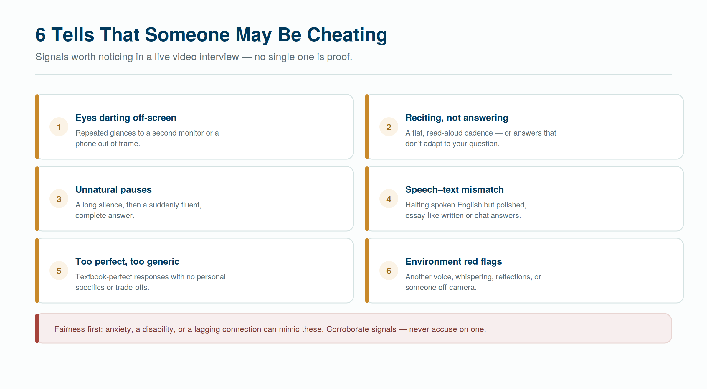 Six tells that someone may be cheating in a video interview — signals to notice, never proof on their own. Six tells that someone may be cheating in a video interview — signals to notice, never proof on their own.