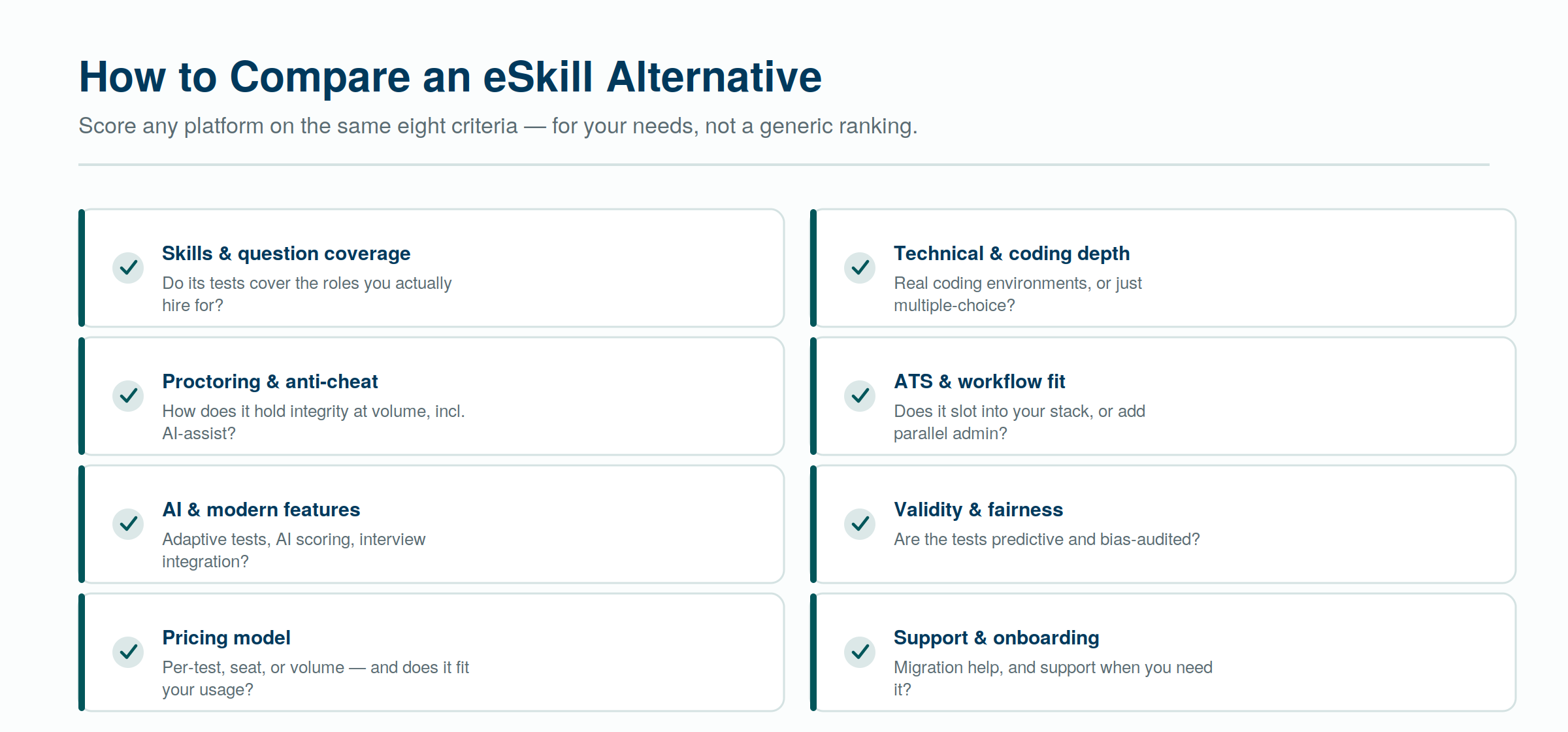 How to compare an eSkill alternative — eight criteria to score any platform against your own needs.