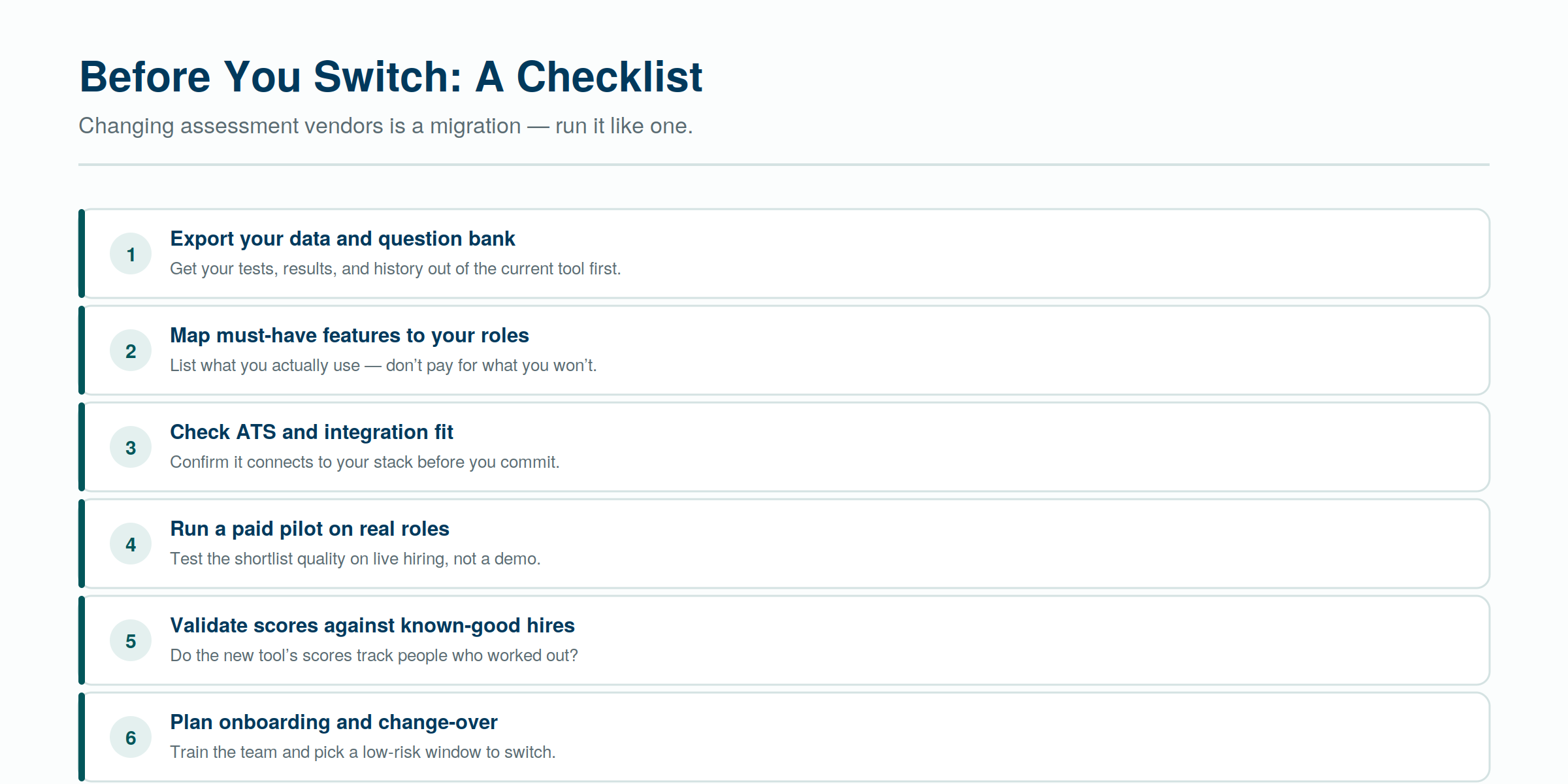 A switching checklist — export first, pilot on real roles, validate the scores, then change over.